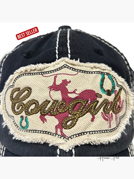Vintage Distressed Cowgirl Embroidered Baseball Cap Adjustable Velcro